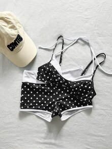 Bonvoyette 2pcs Women's Black And White Polka Dot Print Colorblock Patchwork Bikini Swimwear Beach Party Summer Retro Vintage 70s - Black and White - View 6