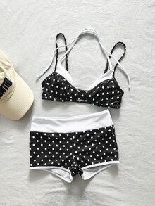 Bonvoyette 2pcs Women's Black And White Polka Dot Print Colorblock Patchwork Bikini Swimwear Beach Party Summer Retro Vintage 70s - Black and White - View 7