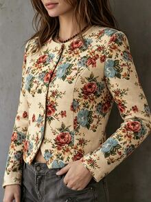 Franclia 2026 New Arrival Autumn/Winter Jacquard Floral Long Sleeve Cropped Jacket, Casual Outerwear With Button Decor - Apricot - View 6