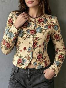 Franclia 2026 New Arrival Autumn/Winter Jacquard Floral Long Sleeve Cropped Jacket, Casual Outerwear With Button Decor - Apricot - View 8