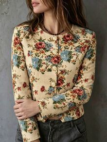 Franclia 2026 New Arrival Autumn/Winter Jacquard Floral Long Sleeve Cropped Jacket, Casual Outerwear With Button Decor - Apricot - View 7