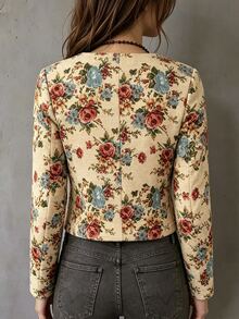 Franclia 2026 New Arrival Autumn/Winter Jacquard Floral Long Sleeve Cropped Jacket, Casual Outerwear With Button Decor - Apricot - View 3