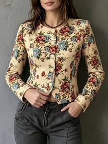 Franclia 2026 New Arrival Autumn/Winter Jacquard Floral Long Sleeve Cropped Jacket, Casual Outerwear With Button Decor - Apricot - View 9
