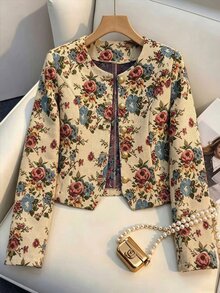 Franclia 2026 New Arrival Autumn/Winter Jacquard Floral Long Sleeve Cropped Jacket, Casual Outerwear With Button Decor - Apricot - View 2