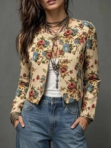 Franclia 2026 New Arrival Autumn/Winter Jacquard Floral Long Sleeve Cropped Jacket, Casual Outerwear With Button Decor - Apricot - View 4