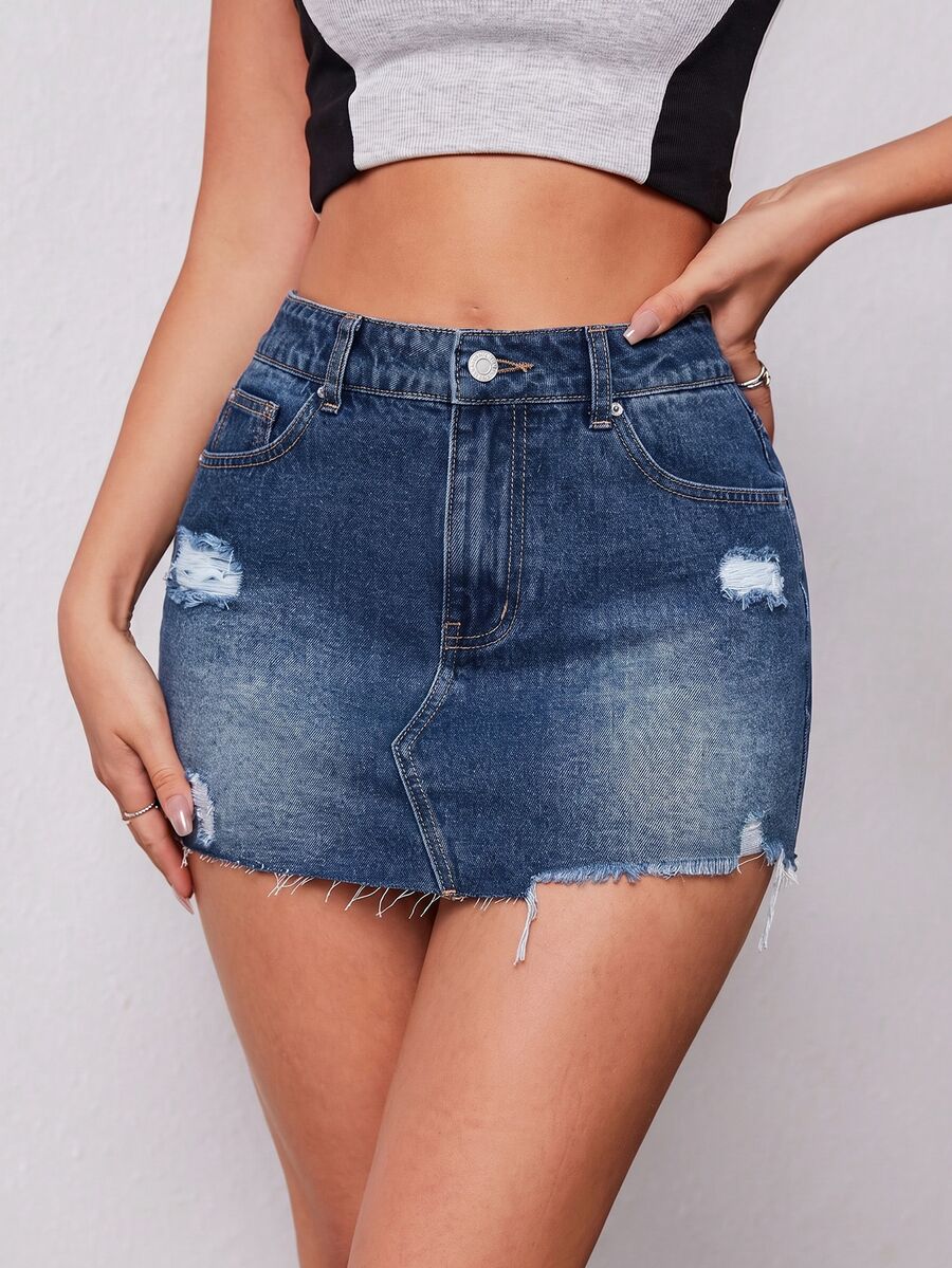 SHEIN EZwear 女士休闲水洗做旧牛仔迷你裙 - 深色水洗藍 - 查看 1
