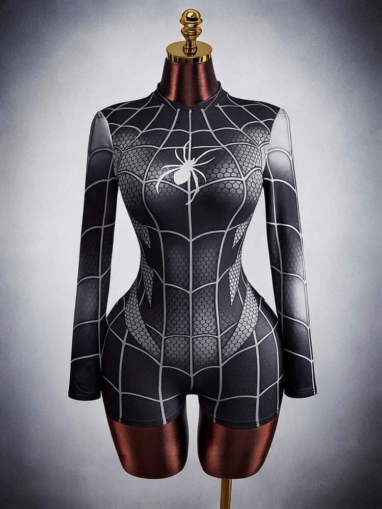 Amplova Women Spider Web Print Fitted Romper, Halloween Costumes For Women - Black - View 1