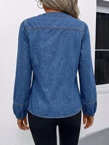 EMERY ROSE Women's Notched V-Neck Long Sleeve Single-Breasted Casual Western Denim Top Autumn/ Going Out Everyday Tops Blue - Blue - View 4