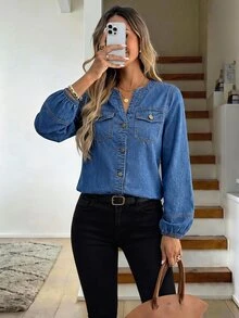 EMERY ROSE Women's Notched V-Neck Long Sleeve Single-Breasted Casual Western Denim Top Autumn/ Going Out Everyday Tops Blue - Blue - View 2