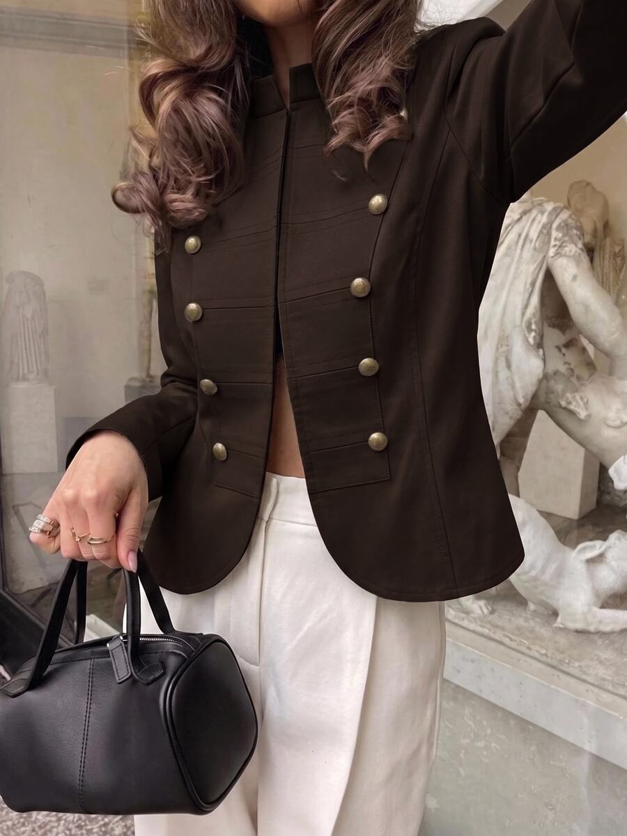 Aloruh Women's Solid Color Rivet Studded 3D Button Decor Asymmetrical Hem Fashion Long Sleeve Jacket - Coffee Brown - View 1