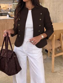 Aloruh Women's Solid Color Rivet Studded 3D Button Decor Asymmetrical Hem Fashion Long Sleeve Jacket - Coffee Brown - View 2