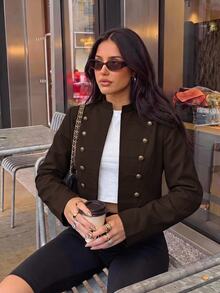 Aloruh Women's Solid Color Rivet Studded 3D Button Decor Asymmetrical Hem Fashion Long Sleeve Jacket - Coffee Brown - View 5