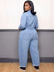 SHEIN Unity 大尺碼女款單排扣長袖休閒 80 年代 Anti Social 牛仔連身褲 捲袖口 多功能口袋 萬聖節聖誕節 淺藍色 秋季 - 藍色 - 查看 6