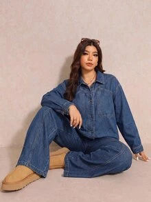 Elaquor Plus Size Denim Jacket And Pants 2 Pieces Set,Wide Leg Jeans Set,Oversized Denim,Brunch Outfit,Halloween,Christmas,Party ,Birthday Outfit,Casual Set - Blue - View 11