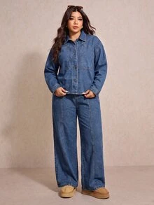 Elaquor Plus Size Denim Jacket And Pants 2 Pieces Set,Wide Leg Jeans Set,Oversized Denim,Brunch Outfit,Halloween,Christmas,Party ,Birthday Outfit,Casual Set - Blue - View 5