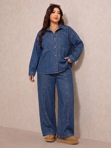 Elaquor Plus Size Denim Jacket And Pants 2 Pieces Set,Wide Leg Jeans Set,Oversized Denim,Brunch Outfit,Halloween,Christmas,Party ,Birthday Outfit,Casual Set - Blue - View 9