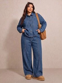 Elaquor Plus Size Denim Jacket And Pants 2 Pieces Set,Wide Leg Jeans Set,Oversized Denim,Brunch Outfit,Halloween,Christmas,Party ,Birthday Outfit,Casual Set - Blue - View 2