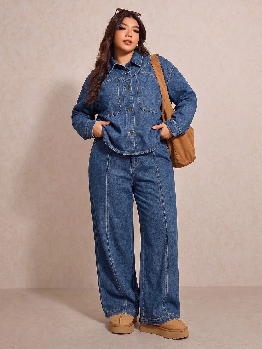 Elaquor Plus Size Denim Jacket And Pants 2 Pieces Set,Wide Leg Jeans Set,Oversized Denim,Brunch Outfit,Halloween,Christmas,Party ,Birthday Outfit,Casual Set