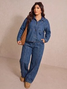Elaquor Plus Size Denim Jacket And Pants 2 Pieces Set,Wide Leg Jeans Set,Oversized Denim,Brunch Outfit,Halloween,Christmas,Party ,Birthday Outfit,Casual Set - Blue - View 6