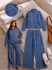Elaquor Plus Size Denim Jacket And Pants 2 Pieces Set,Wide Leg Jeans Set,Oversized Denim,Brunch Outfit,Halloween,Christmas,Party ,Birthday Outfit,Casual Set - Blue - View 8