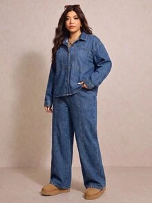 Elaquor Plus Size Denim Jacket And Pants 2 Pieces Set,Wide Leg Jeans Set,Oversized Denim,Brunch Outfit,Halloween,Christmas,Party ,Birthday Outfit,Casual Set - Blue - View 4