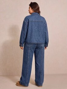 Elaquor Plus Size Denim Jacket And Pants 2 Pieces Set,Wide Leg Jeans Set,Oversized Denim,Brunch Outfit,Halloween,Christmas,Party ,Birthday Outfit,Casual Set - Blue - View 7
