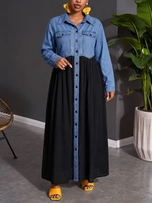 Slaydiva Plus Size Women's Colorblock Long Sleeve Single-Breasted Casual Shirt Denim Dress,Mixed Media Maxi Dress,Relaxed A-Line Fit,Halloween,Christmas - Blue - View 3