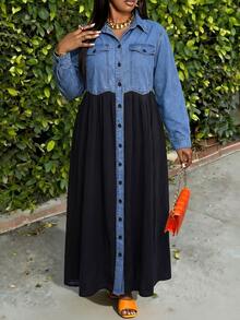 Slaydiva Plus Size Women's Colorblock Long Sleeve Single-Breasted Casual Shirt Denim Dress,Mixed Media Maxi Dress,Relaxed A-Line Fit,Halloween,Christmas - Blue - View 6