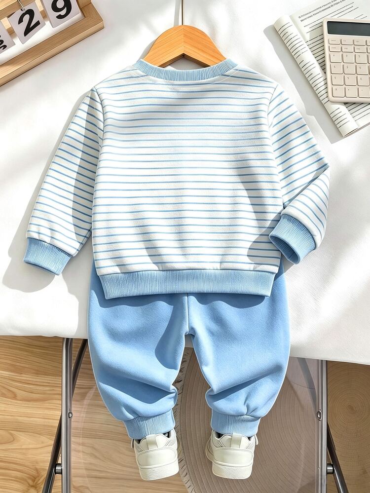 Baby Boy Round Neck Casual Striped Cute Dinosaur Print Thermal Lined Comfortable Sweatshirt & Sweatpants 2pcs Set Autumn Pullover Top - Multicolor - View 5