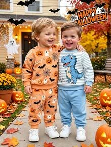 男嬰圓領休閒條紋可愛恐龍印花保暖內裡舒適衛衣與運動長褲2件套秋季套頭上衣 - 彩色 - 查看 2