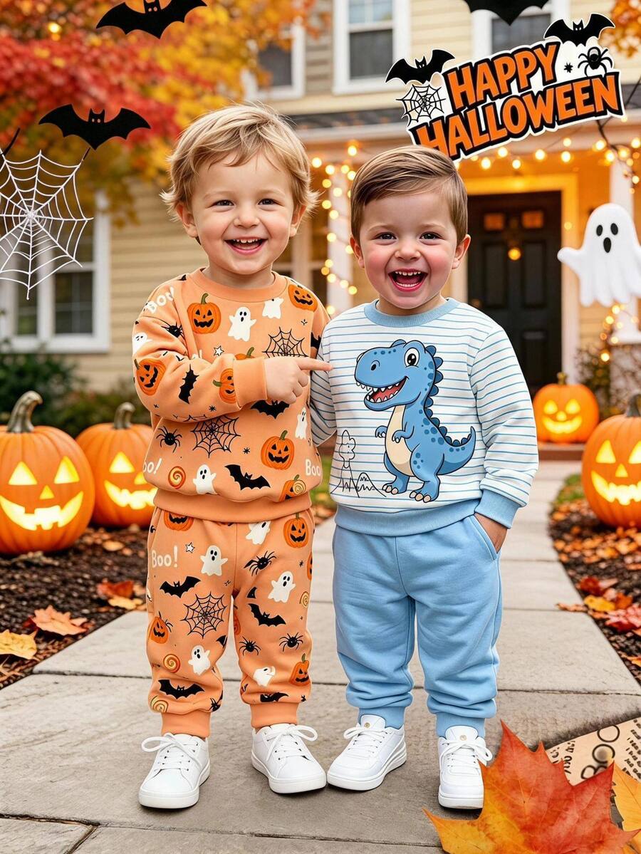 Baby Boy Round Neck Casual Striped Cute Dinosaur Print Thermal Lined Comfortable Sweatshirt & Sweatpants 2pcs Set Autumn Pullover Top - Multicolor - View 1