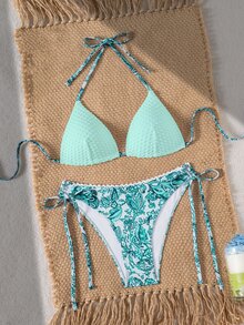 Swim Vcay 2pcs/Set Green Summer Boho Beach Holiday Holiday Textured Patchwork Print Triangle Halter Ruffle Decor Elegant Vacation Bikini Swimwear Set - Multicolor - View 4