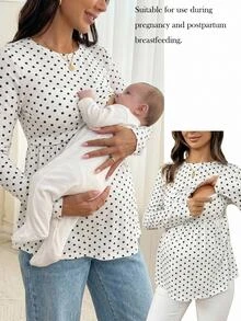 SHEIN Polka Dot Maternity Nursing Top For Casual Daily Wear,Autumn Fall - White - View 1