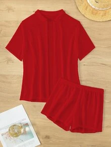 Swim Lushoire 2pcs/Set 2025 Women Vacation Plain Color Short Sleeve Kimono Top And Shorts Set Summer - Red - View 5