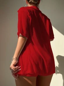 Swim Lushoire 2pcs/Set 2025 Women Vacation Plain Color Short Sleeve Kimono Top And Shorts Set Summer - Red - View 3