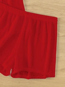 Swim Lushoire 2pcs/Set 2025 Women Vacation Plain Color Short Sleeve Kimono Top And Shorts Set Summer - Red - View 4
