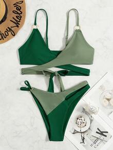 Swim Vcay Women Bikini Sets Cincin Membungkus Blok Warna Seksi - Hijau - View 2