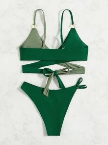 Swim Vcay Women Bikini Sets Cincin Membungkus Blok Warna Seksi - Hijau - View 4