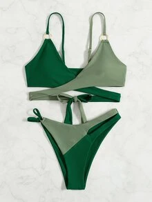 Swim Vcay Women Bikini Sets Cincin Membungkus Blok Warna Seksi - Hijau - View 6