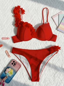 SHEIN Swim 女士夏季沙滩纯色吊带时尚比基尼三角泳裤套装 - 紅色 - 查看 5