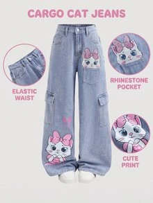 Girlism Celana Jeans Longgar Biru Motif Kucing Lucu Gaya Y2K untuk Anak Perempuan Remaja, Cocok untuk Sekolah, Cocok untuk Fashion Anak Perempuan Usia 20-an dan Remaja Perempuan - Biru - View 3