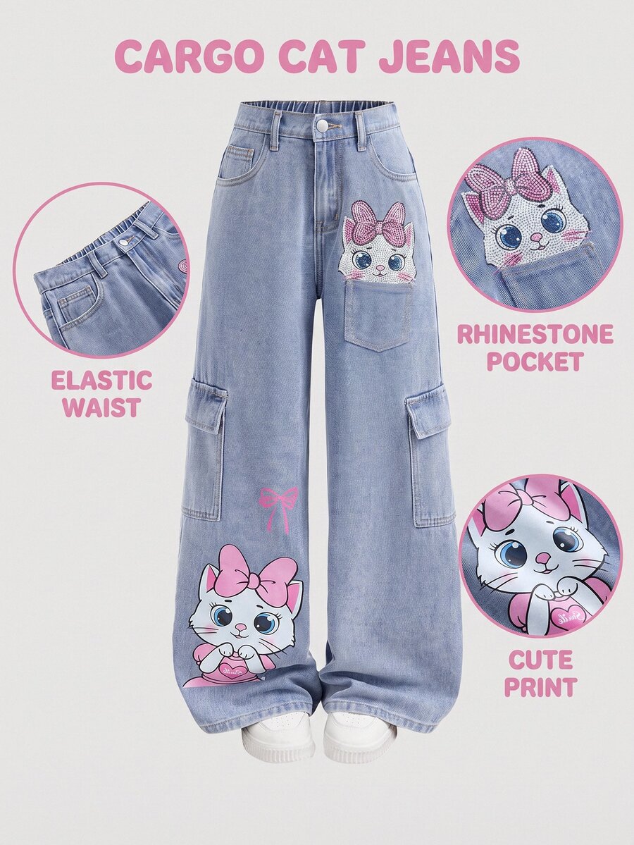 Girlism Kids Tween Girl Y2k Fashion Causal Cute Kitten Pattern Blue Loose Jeans For Black To School - Blue - View 1