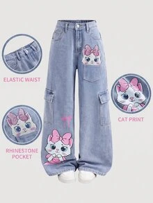 Girlism Celana Jeans Longgar Biru Motif Kucing Lucu Gaya Y2K untuk Anak Perempuan Remaja, Cocok untuk Sekolah, Cocok untuk Fashion Anak Perempuan Usia 20-an dan Remaja Perempuan - Biru - View 1