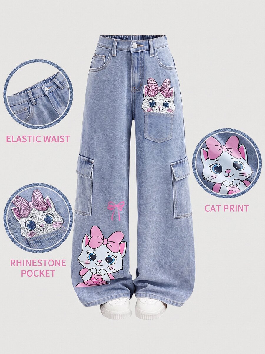 Girlism Celana Jeans Longgar Biru Motif Kucing Lucu Gaya Y2K untuk Anak Perempuan Remaja, Cocok untuk Sekolah, Cocok untuk Fashion Anak Perempuan Usia 20-an dan Remaja Perempuan - Biru - View 1