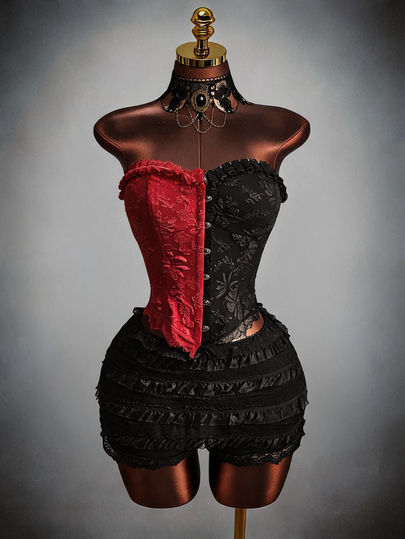 Amplova Women's Halloween Cosplay Off Shoulder Queen Of Hearts Red And Black Goth Corset Contrast Color Lace Jacquard Blouse Gothic Corset