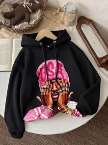 SHEIN CURVE+ Plus Size 22W Casual Minimalist Plus Size Printed Sweatshirt, Suitable For Autumn/Winter - Black - View 2