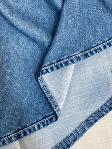 SHEIN [丹寧效果] 新款時尚通勤結飾不對稱下擺丹寧效果上衣與寬鬆長褲兩件套，休閒短袖上衣與寬鬆丹寧長褲套裝，適合度假與日常穿著 - 藍色 - 查看 8