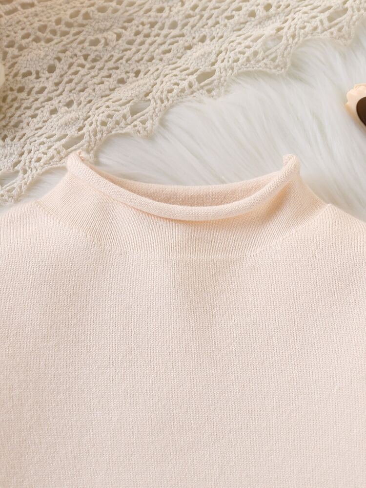 Girls' Apricot Medium-Thick Knit Long Sleeve Pullover Sweater, Suitable For Layering Or Wearing Alone For Various Occasions - Beige - View 3