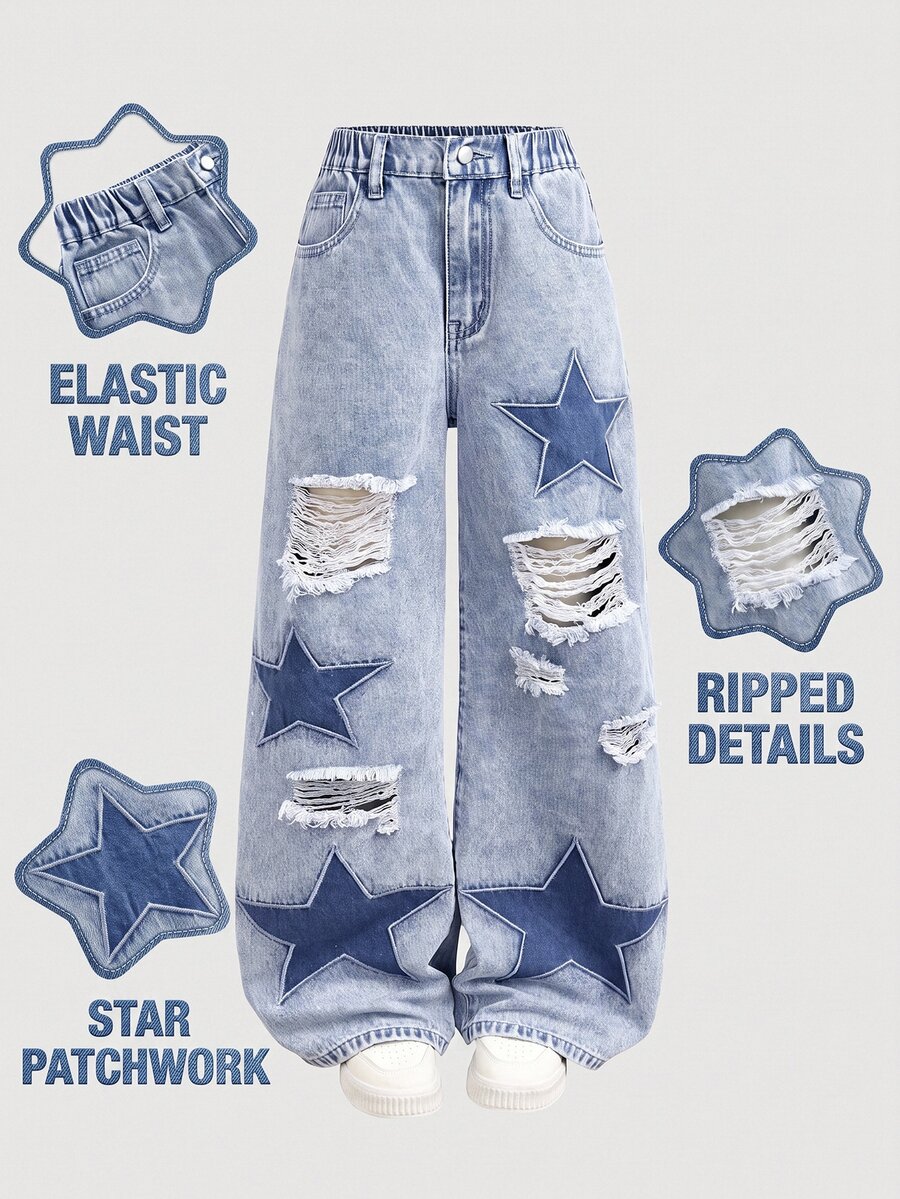 SHEIN Girlism Celana Jeans Denim Anak Perempuan Remaja Motif Bintang Y2K Warna Biru Muda Longgar dengan Lubang Berjumbai - Biru - View 1