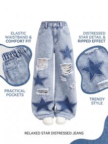 SHEIN Girlism Celana Jeans Denim Anak Perempuan Remaja Motif Bintang Y2K Warna Biru Muda Longgar dengan Lubang Berjumbai - Biru - View 3